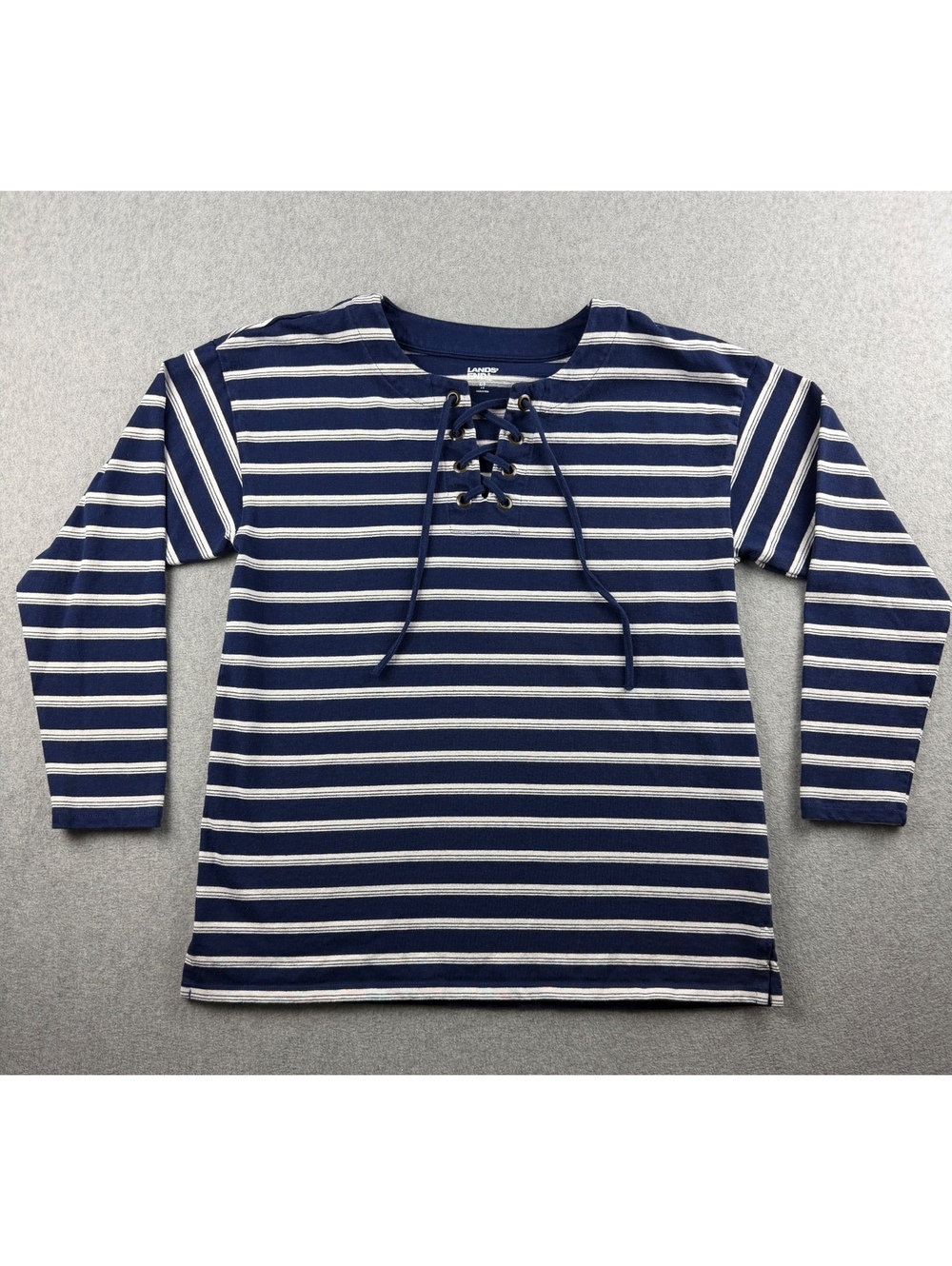 Lands’ End Women S 6-8 Navy White Stripe Lace Up Cotton Nautical Top